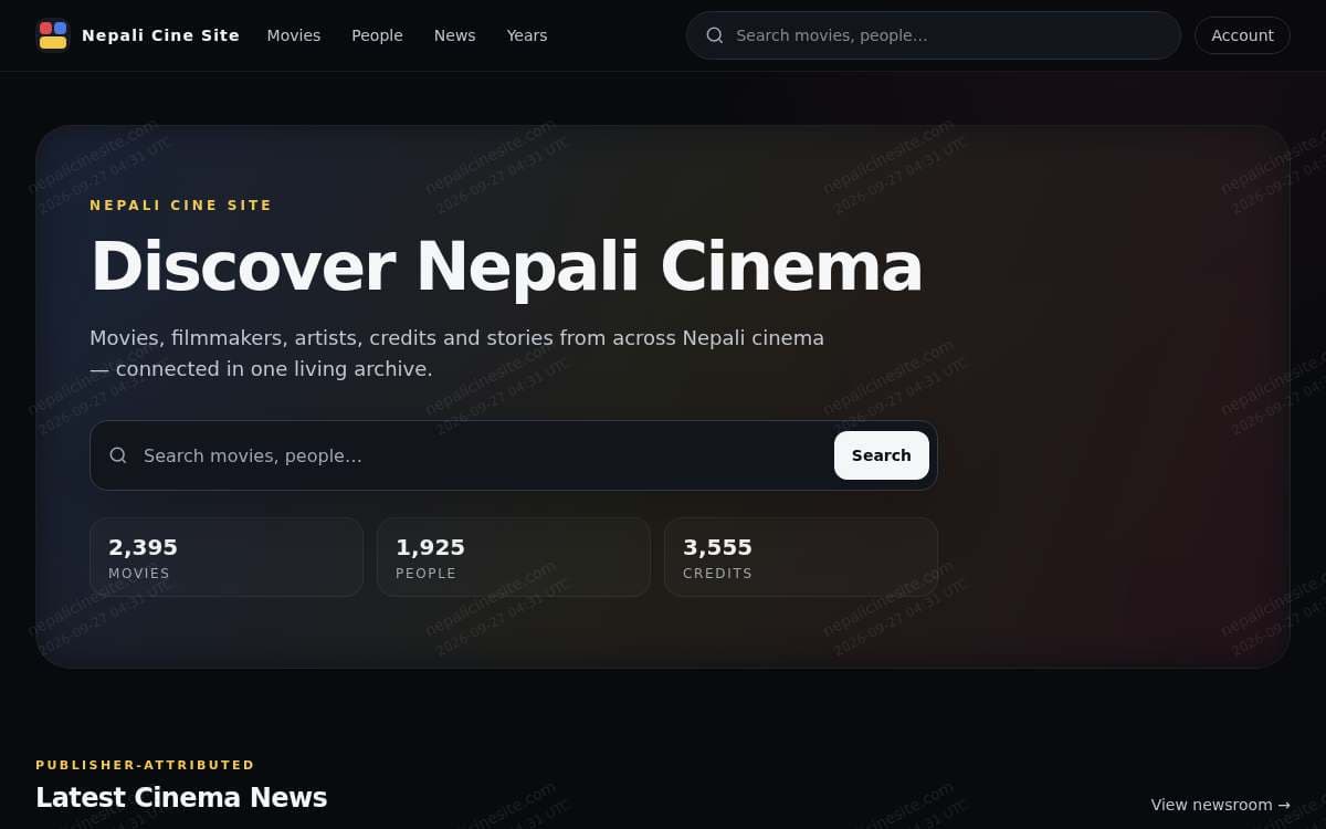 Nepali Cine home page with search for movies and people.