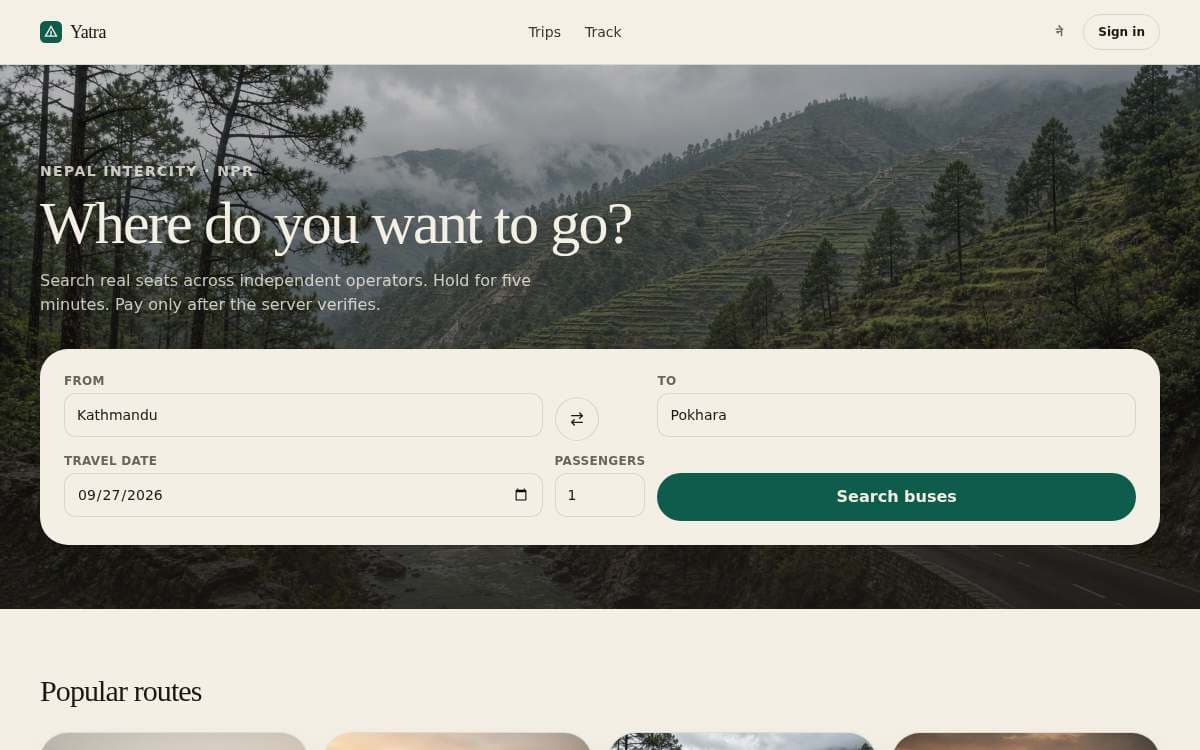 Yatra search form for an intercity bus in Nepal.